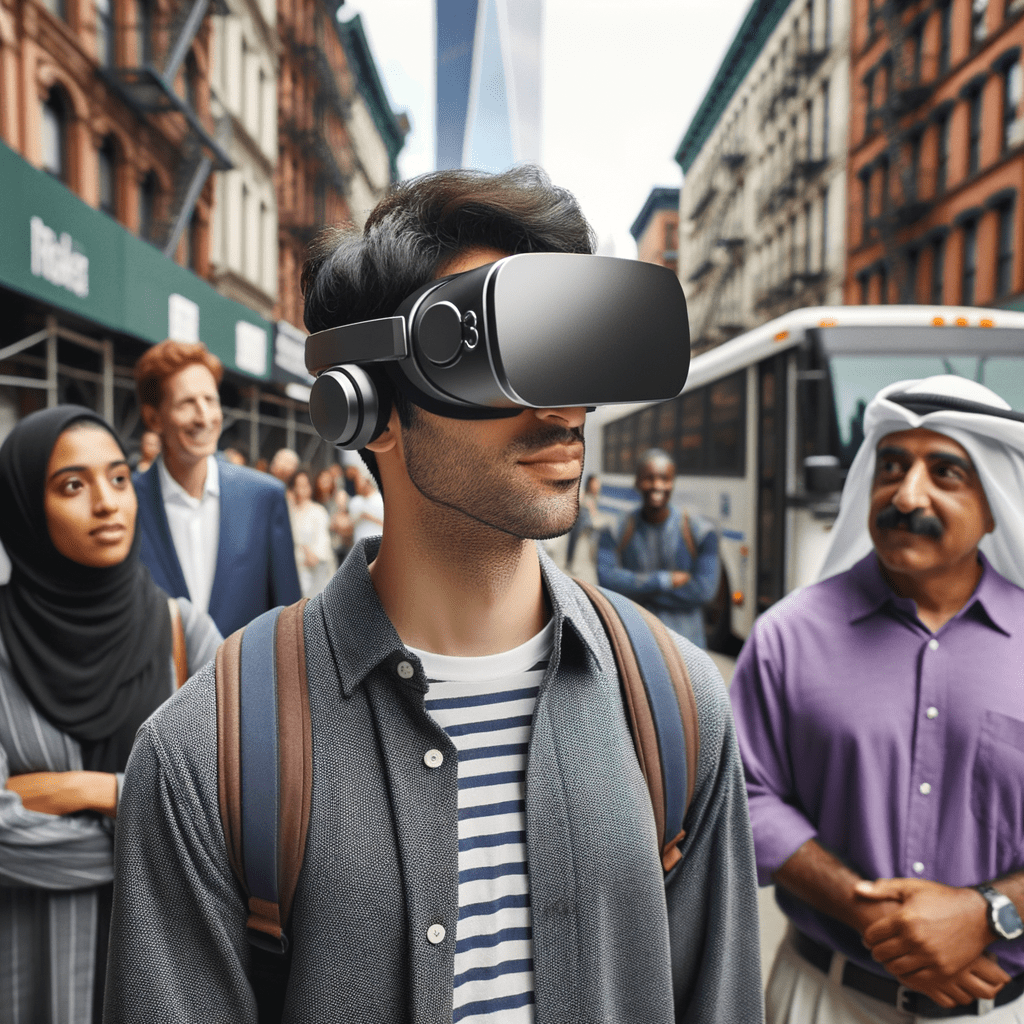Ein Mann, der die Apple Vision Pro VR Brille in den Straßen von New York trägt, um ihn herum schauen Menschen begeistert zu ihm