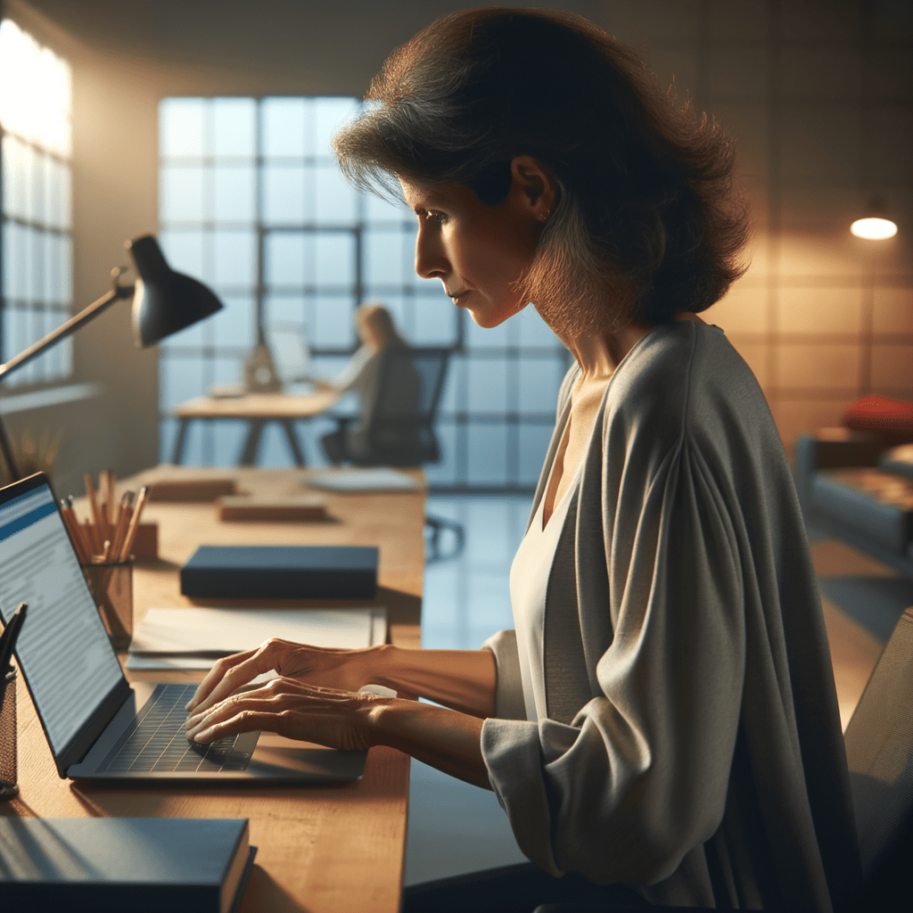 Eine mittelalte Frau im Anschnitt von hinten mit Blick auf einen Laptop beim Surfen im Internet in einem Büro