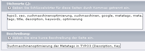 TYPO3 Metatags Keywords und Description