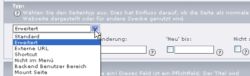 TYPO3 Seitentyp auf Erweitert ändern